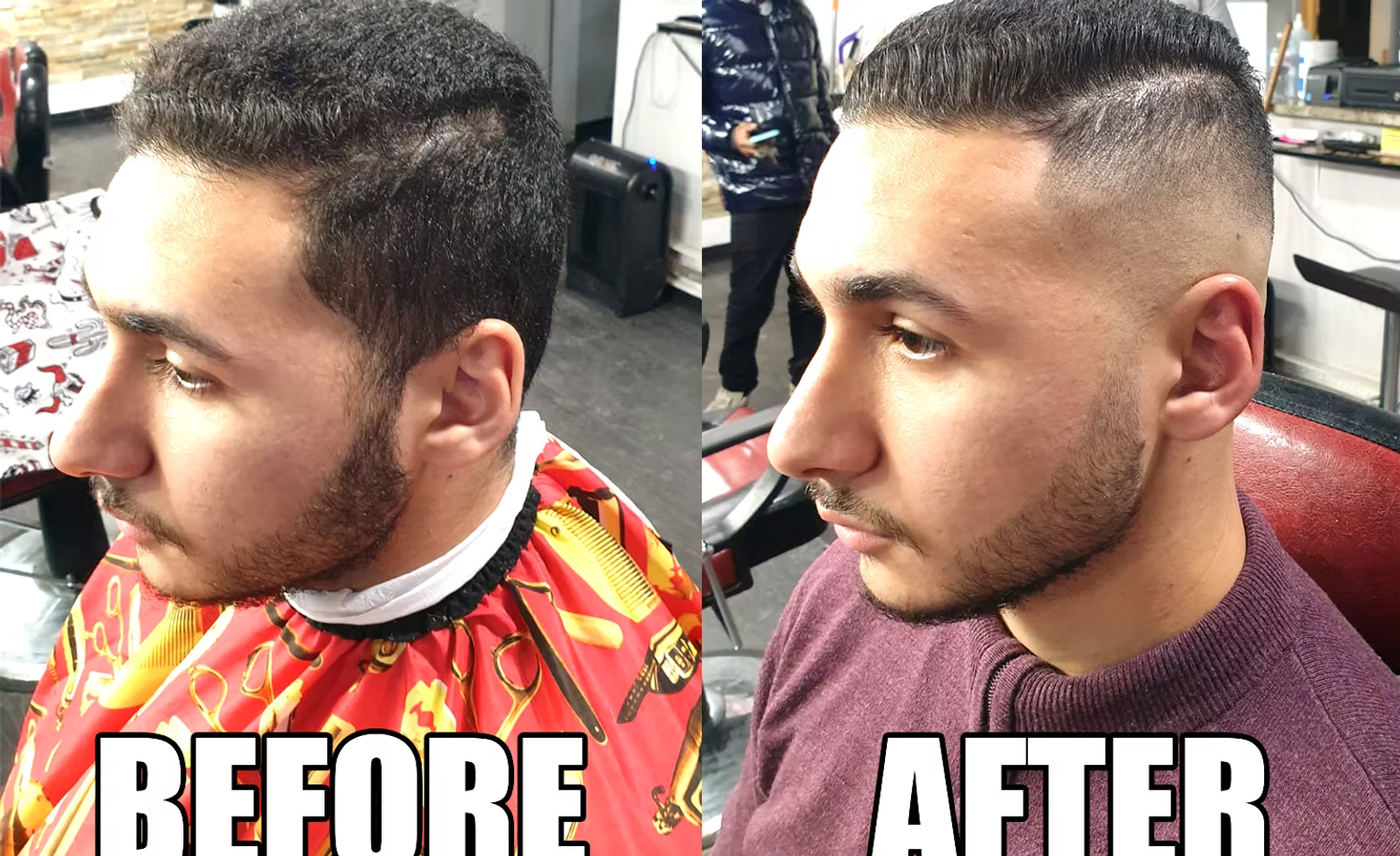 Side-by-side comparison of a man's hair before and after a haircut: left with fuller hair, right with a faded, styled haircut.