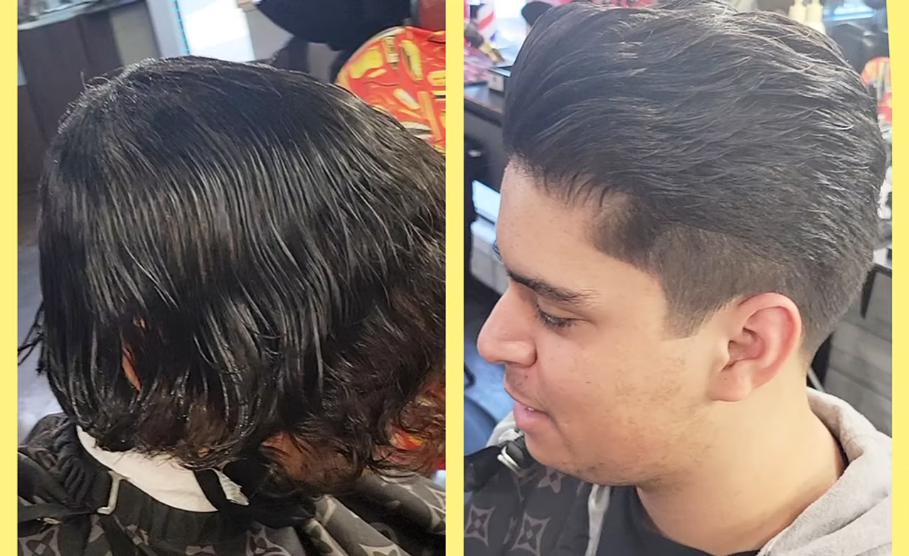 Side-by-side comparison of a person's hair before and after a haircut. The left side shows curly, unstyled hair, and the right side shows neatly styled, slicked-back hair.