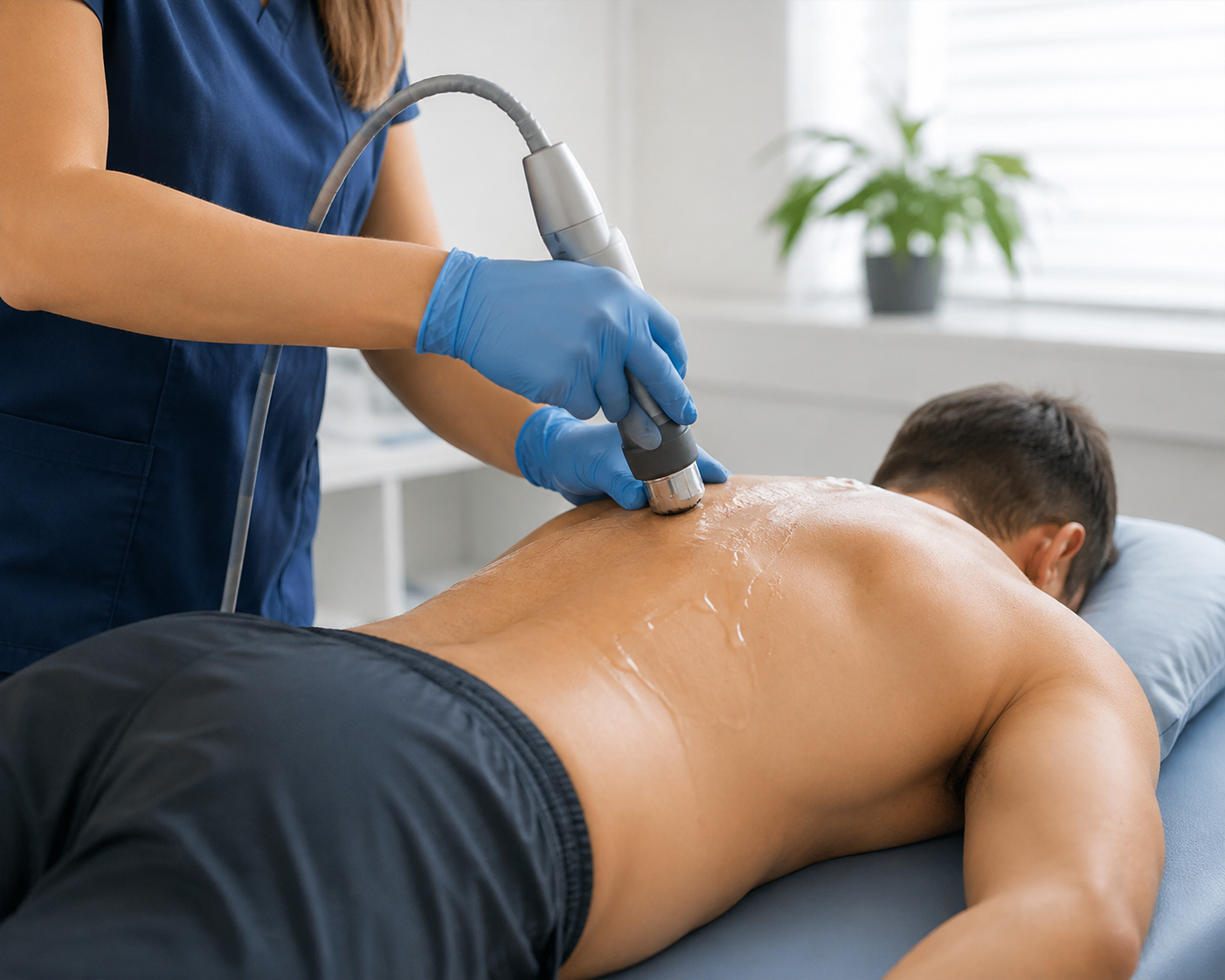 A person receiving a back massage or treatment with a medical device in a clinical setting, with a healthcare worker wearing gloves performing the procedure.