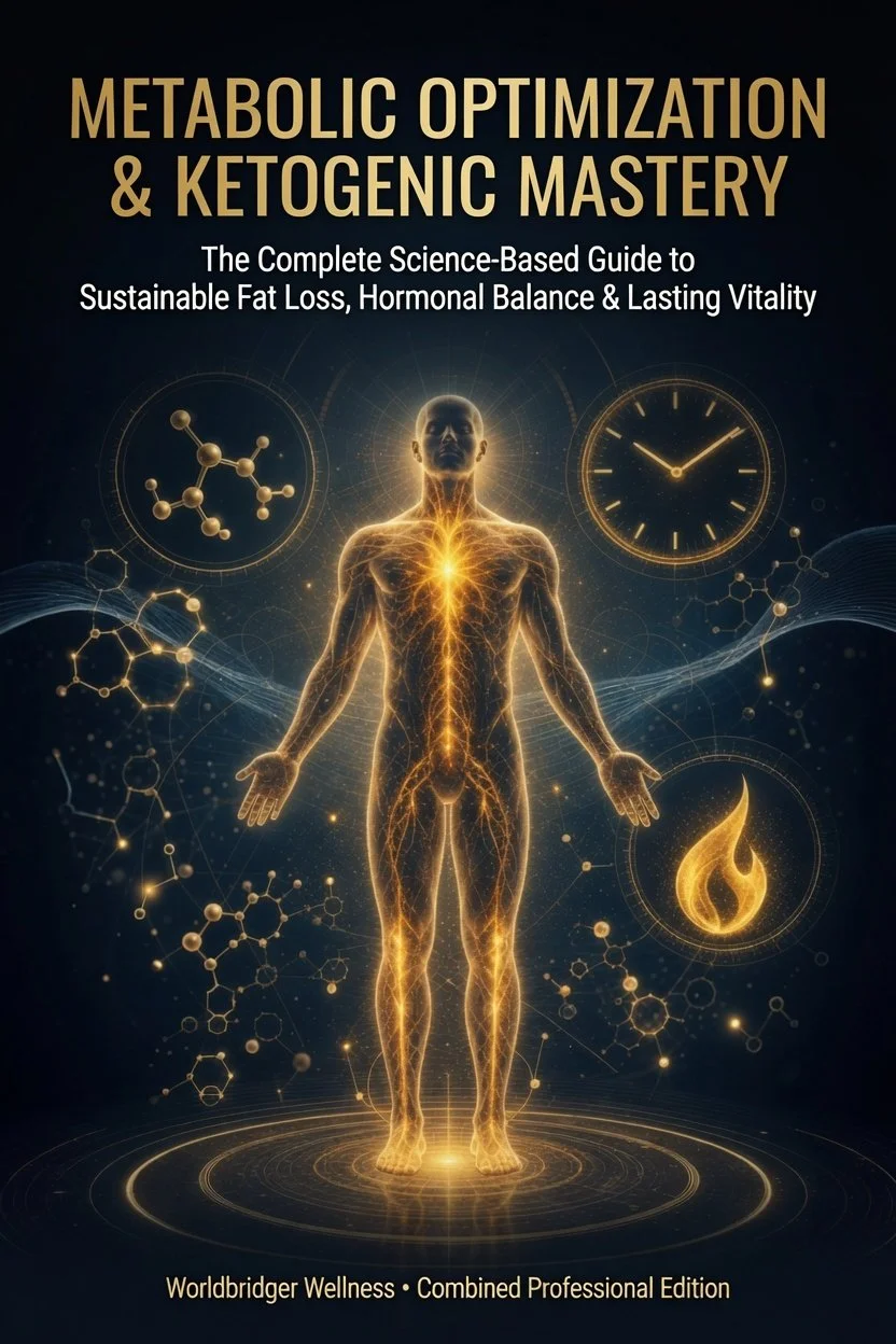 Book cover titled "Metabolic Optimization & Ketogenic Mastery" featuring a human body illuminated with golden lines and glowing energy, surrounded by molecular structures, a clock, and a fire icon, with a dark background.
