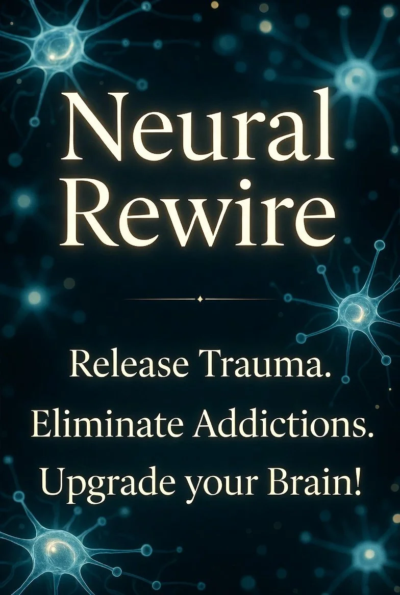 Advertisement for 'Neural Rewire' with a dark background and illustrations of neurons, promoting releasing trauma, eliminating addictions, and upgrading the brain.