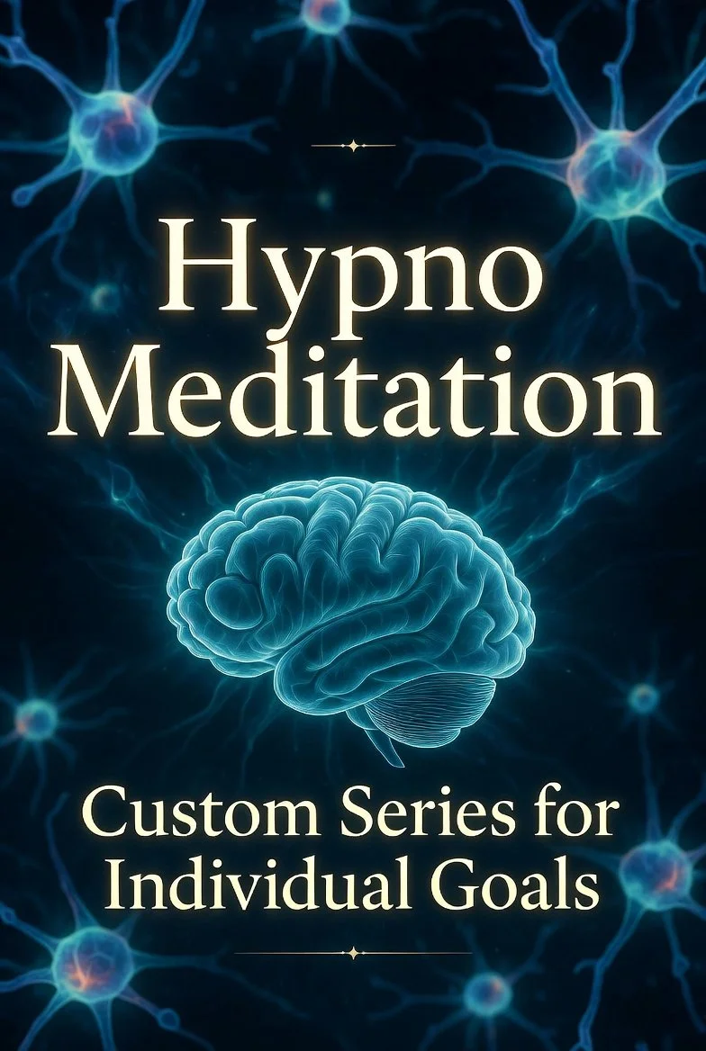 Book cover titled "Hypno Meditation: Custom Series for Individual Goals" with a background of glowing neuron-like connections and a central illustration of a brain.