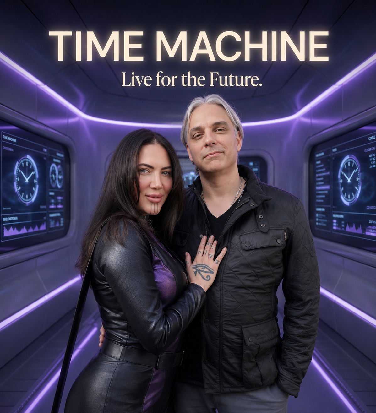 A man and a woman standing close together in a futuristic hallway with digital screens and neon lighting, with a sign above them that reads 'TIME MACHINE: Live for the Future.'