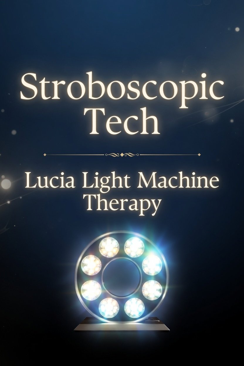 Poster for Stroboscopic Tech Lucía Light Machine Therapy featuring an array of circular light devices emitting bright white light against a dark background.