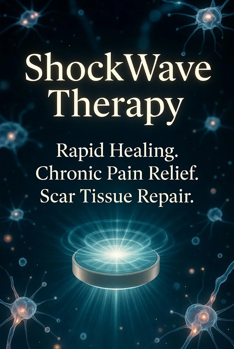 Promotional image for ShockWave Therapy showing a medical device emitting energy, with text highlighting benefits like rapid healing, chronic pain relief, and scar tissue repair, surrounded by neuron-like graphics.