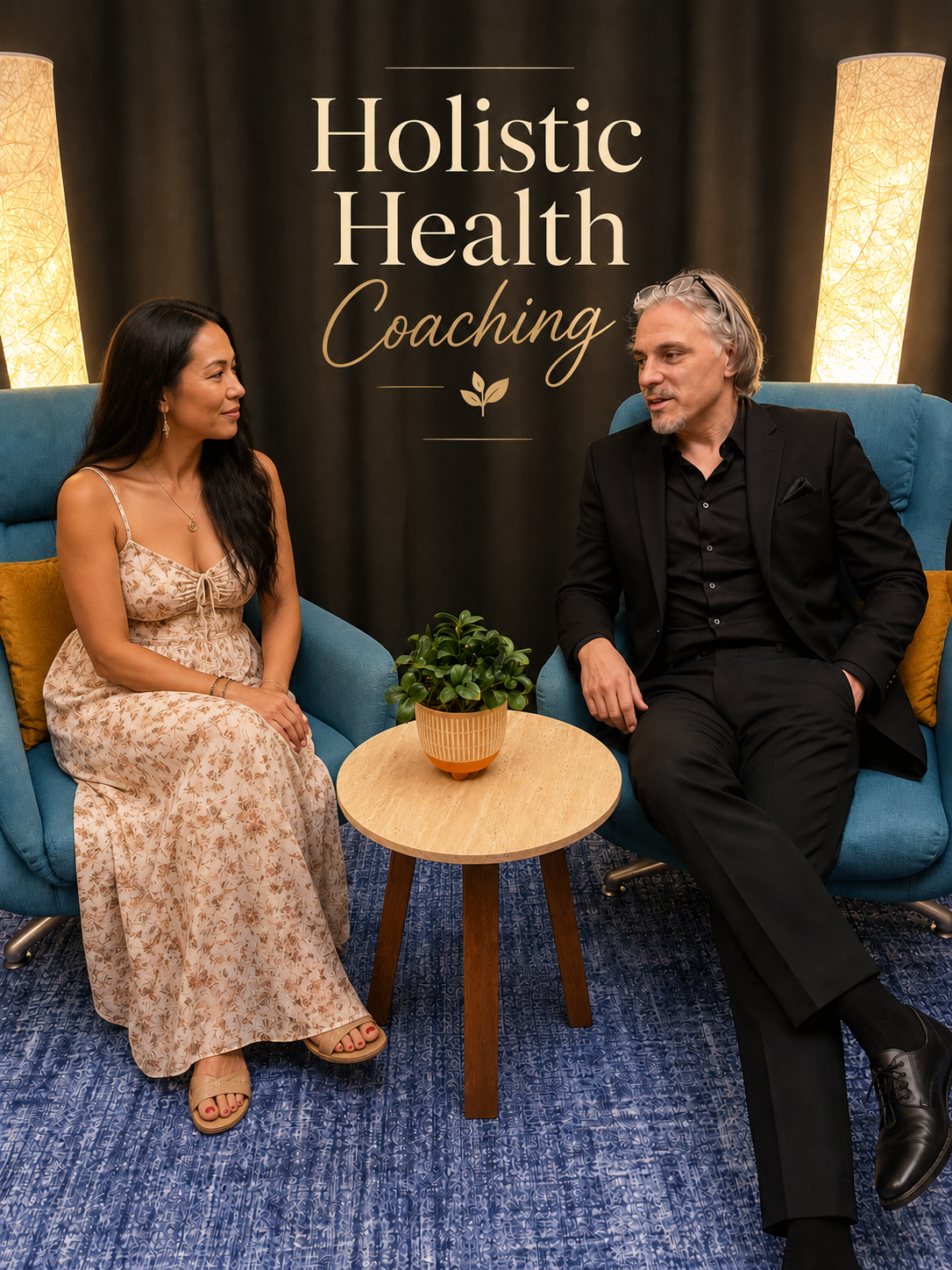 A woman and a man sitting and talking in a therapy-like setting with a sign behind them that reads "Holistic Health Coaching." The woman is wearing a beige floral dress and the man is in a black suit. They are seated on blue armchairs with a small wooden table and a potted plant between them. Two tall lamps illuminate the background.