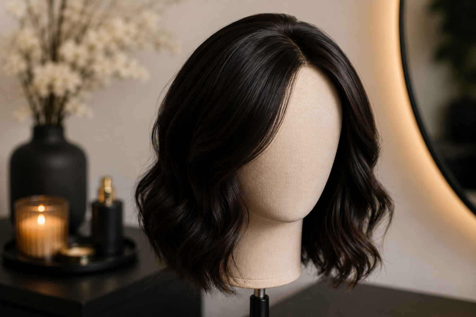 Wavy black wig on a mannequin head in a room with a mirror and decorative items.