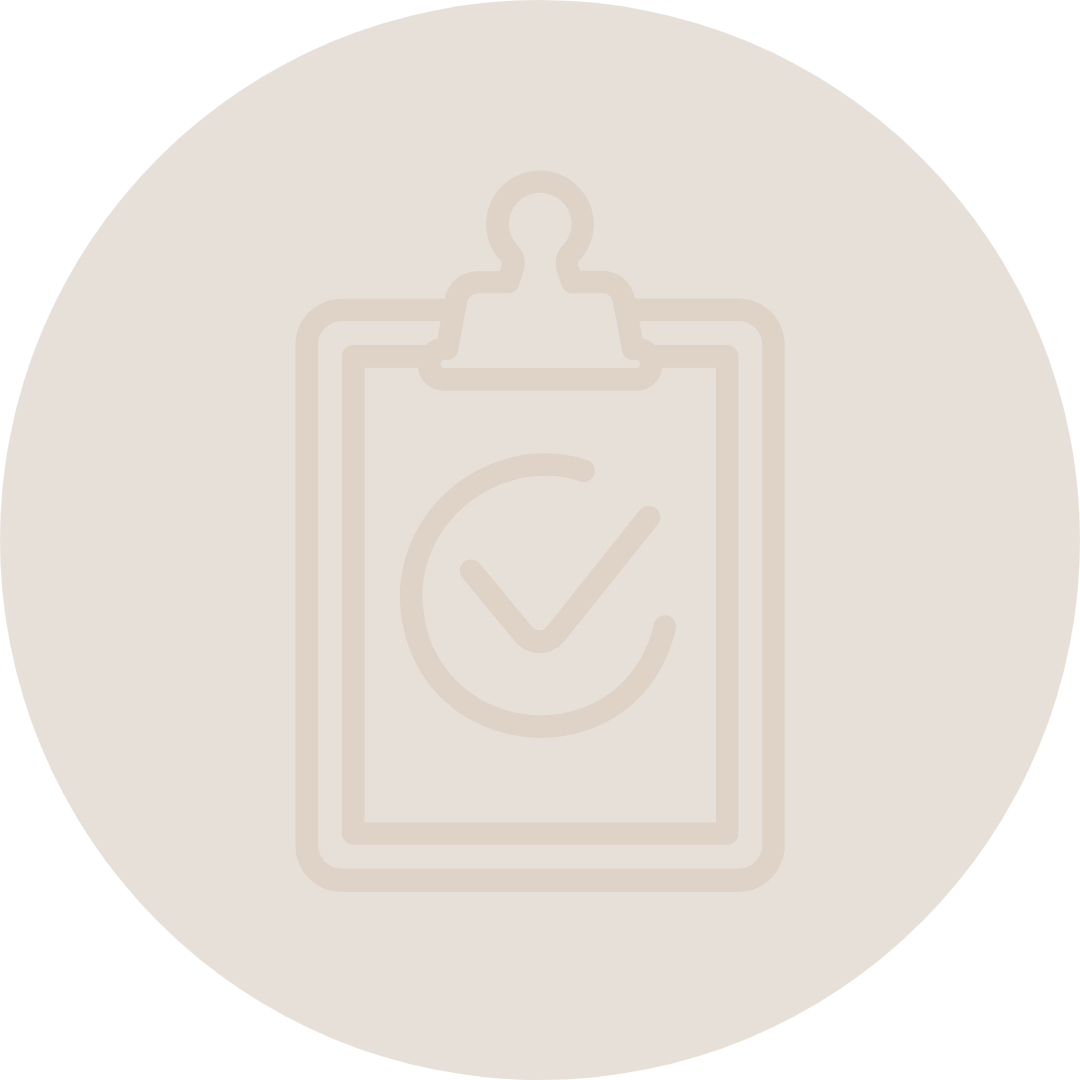 Icon of a clipboard with a check mark inside a circle, indicating approval or completion.