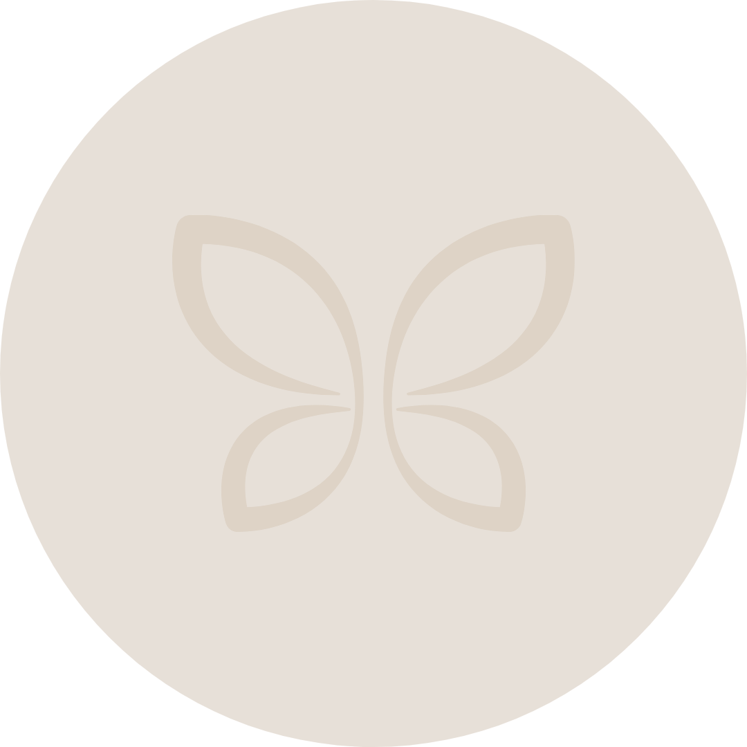 An abstract logo with a light beige background and a white butterfly-like design in the center.