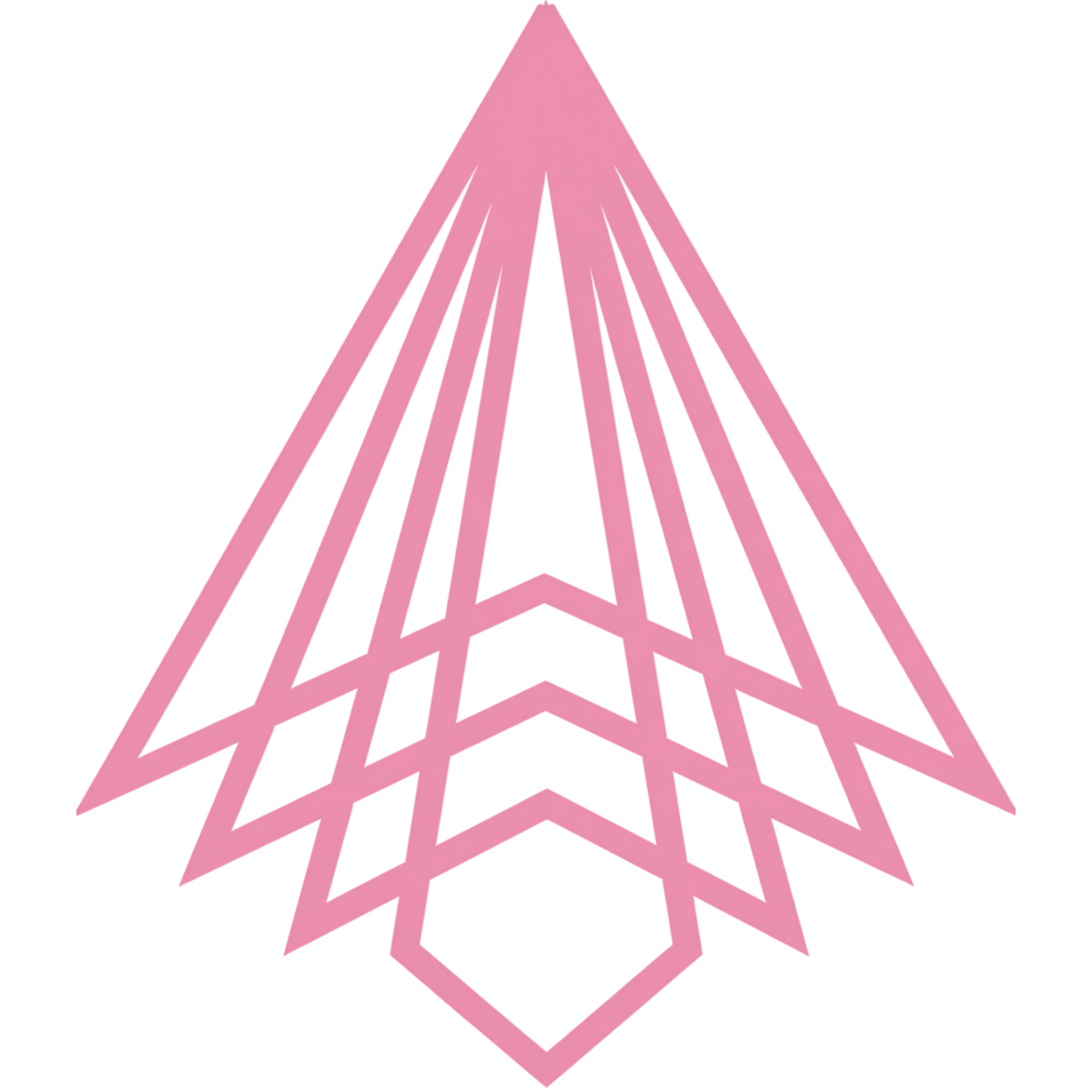 Pink geometric tower with multiple layered triangular and diamond-shaped sections, set against a black and gray background.