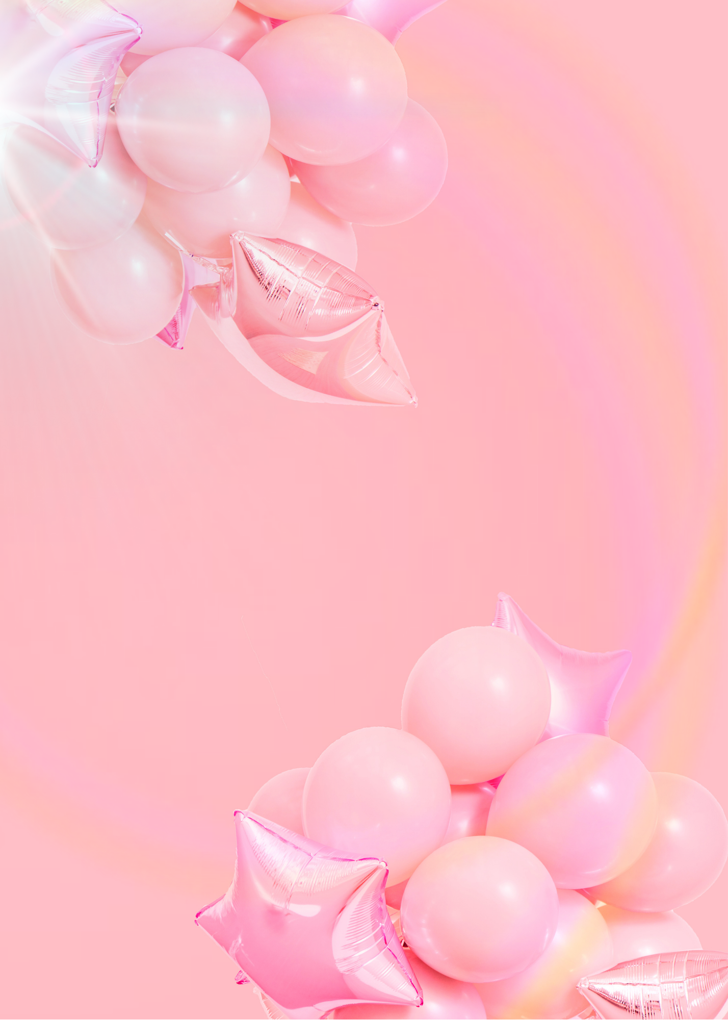 Pink balloons, some round and some star-shaped, arranged against a pink background.