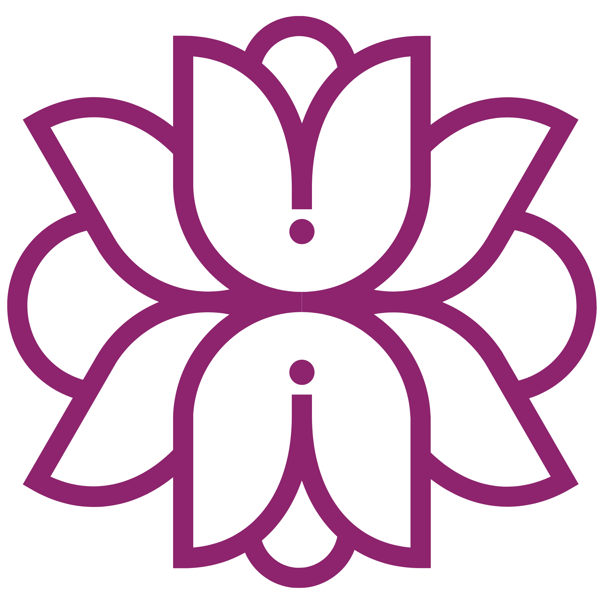 A stylized purple geometric flower outline on a black background.