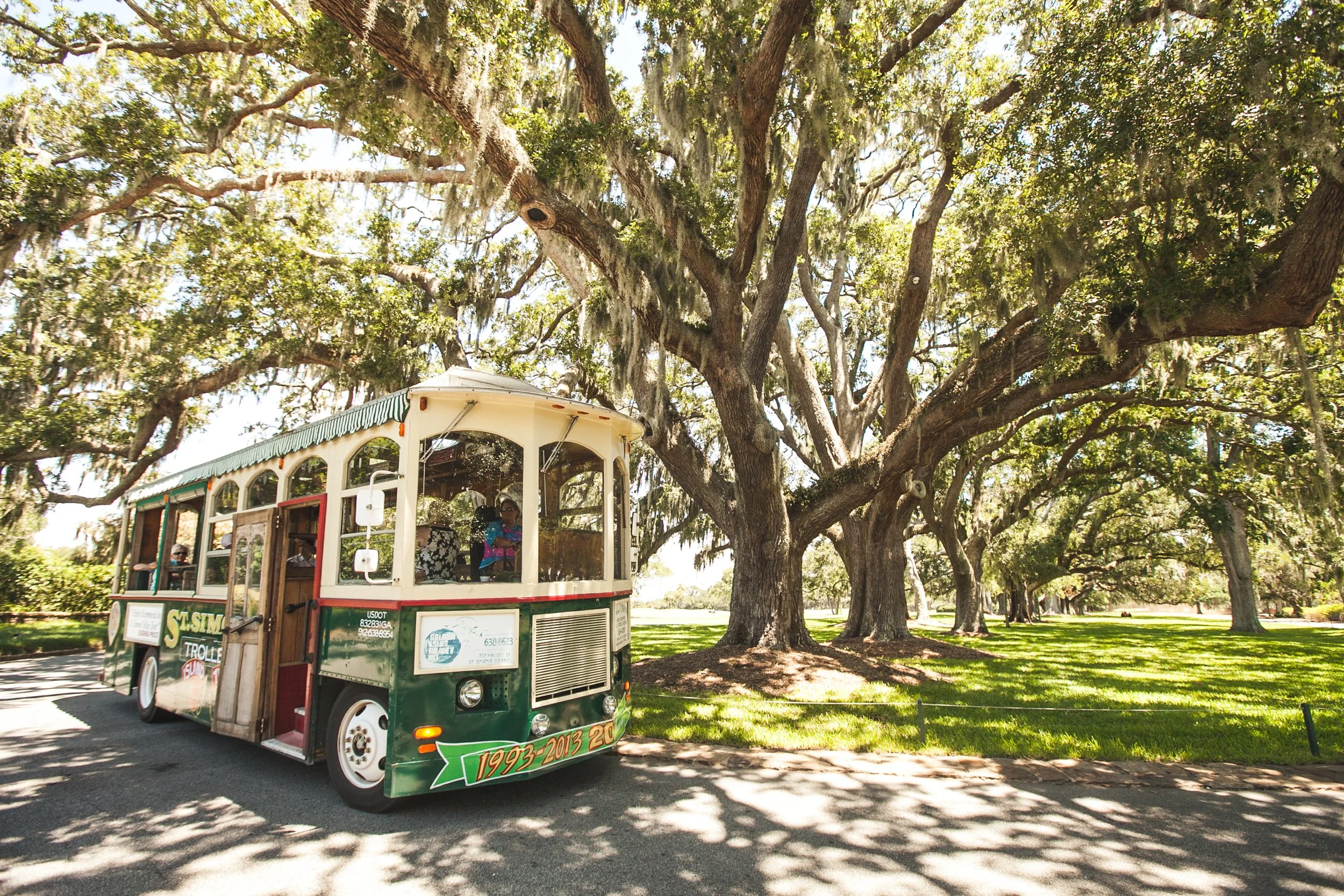 Open-air trolley ride driven by a person wearing a blue shirt, traveling on a path lined with large trees with hanging moss and lush green grass in a park or garden.