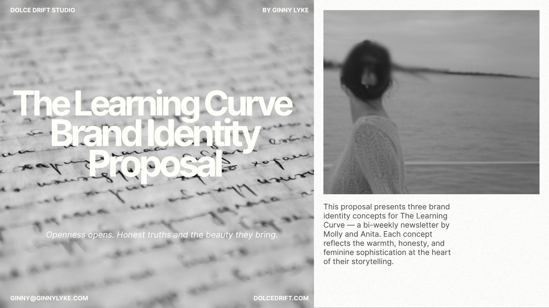 Brand identity and creative direction proposal for The Learning Curve, featuring thoughtful typography, visual storytelling, editorial design, and atmospheric branding concepts by Dolce Drift Studio. 