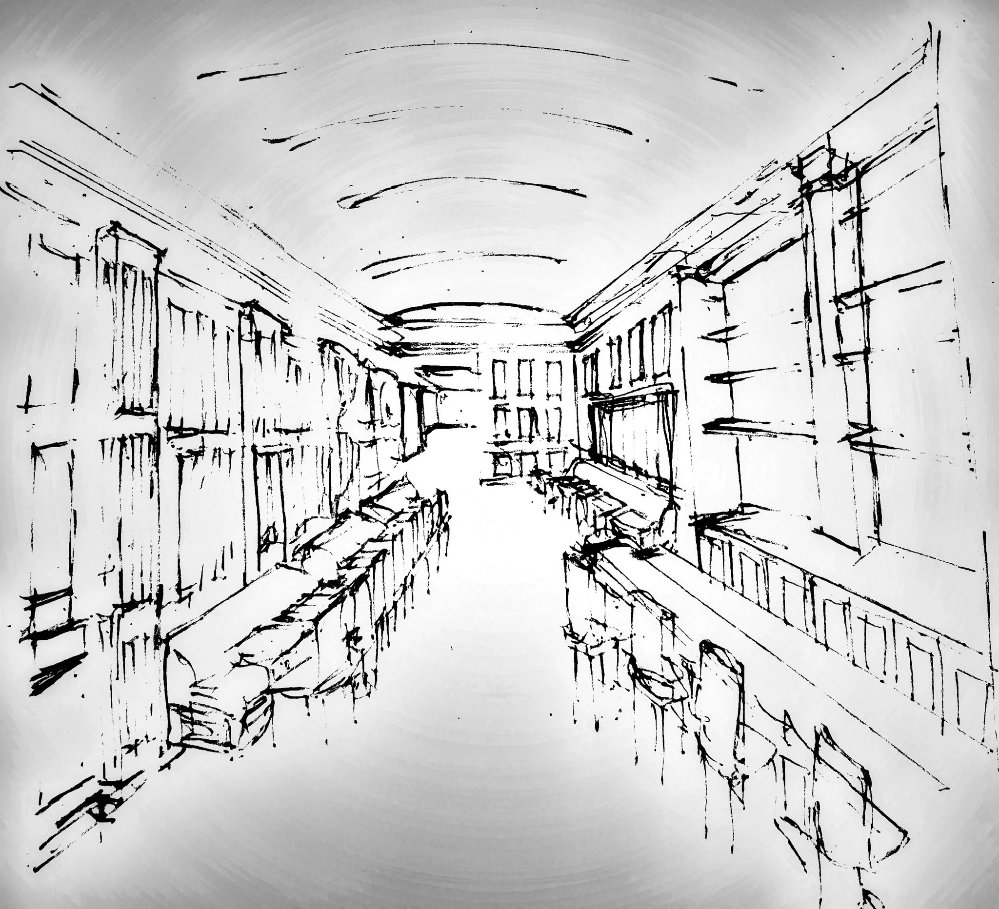 Black and white sketch of a city street viewed from an angle, with buildings on both sides, balconies, and a rounded, decorative ceiling.