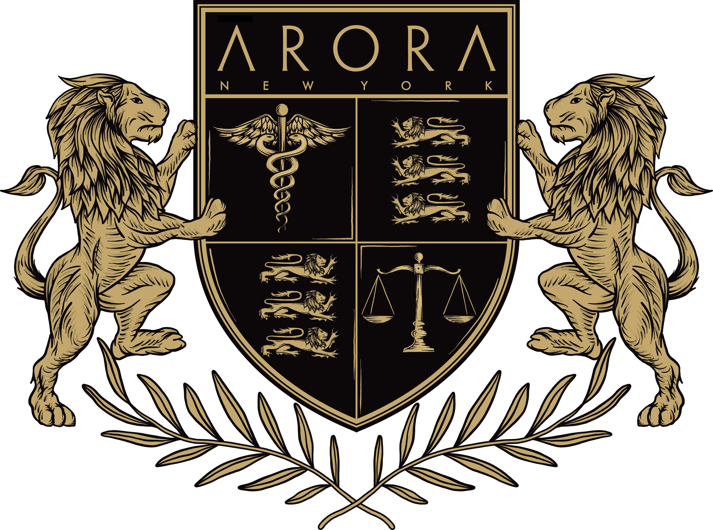 A black and gold crest featuring two lions holding a shield with a Caduceus symbol and four lions, with the word 'AURORA' and 'NEW YORK' above, and laurel branches below.