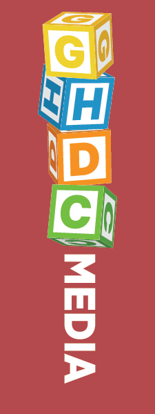 Colorful alphabet blocks spelling out '1 G', 'H', 'D', and 'C' stacked vertically, with the word 'MEDIA' written vertically at the bottom on a red background.