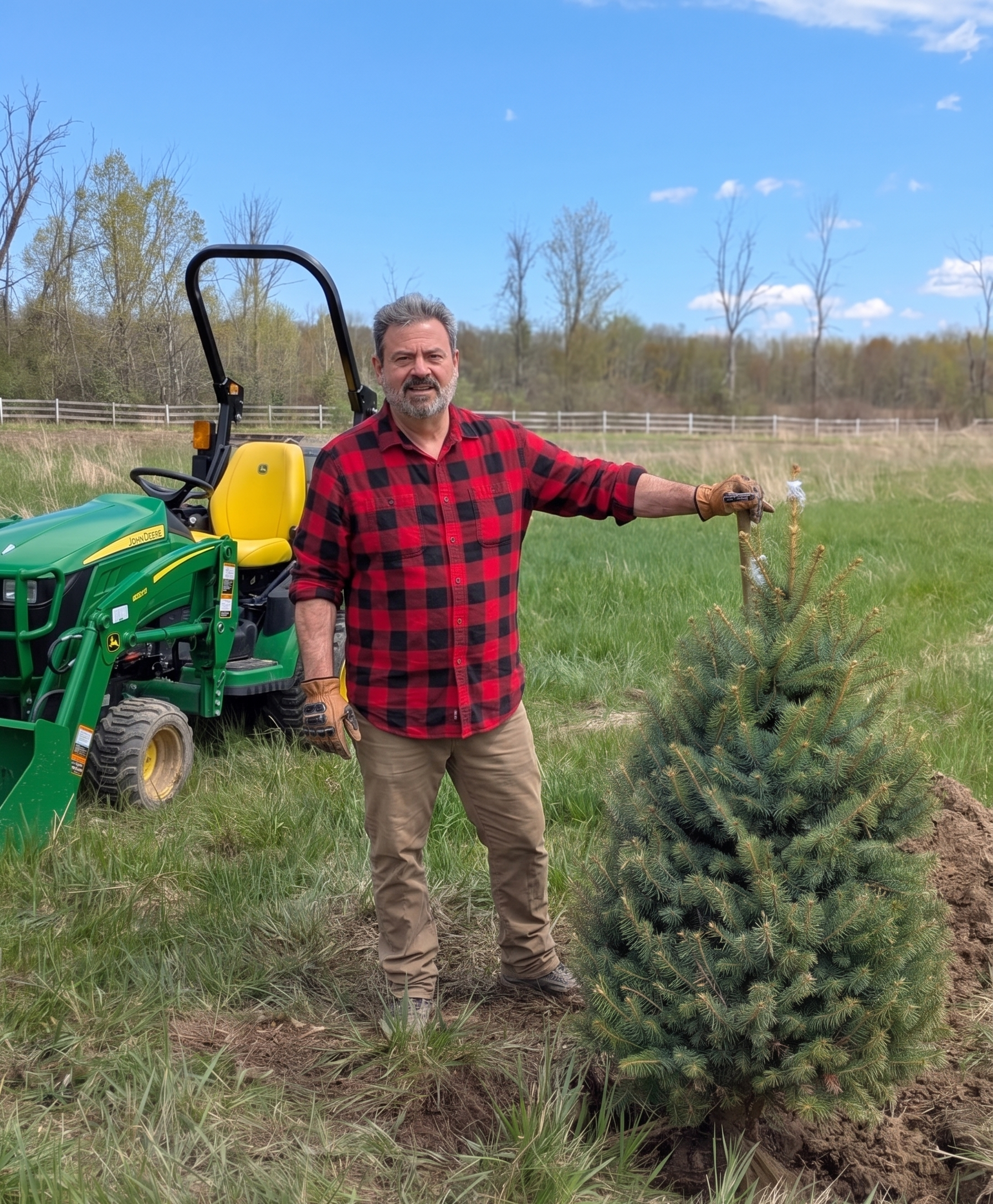 Frank Cerio in a red and black checkered shirt and khaki pants stands outdoors next to a small evergreen tree, with a John Deere tractor in the background and a fence and trees in the distance under a partly cloudy blue sky.