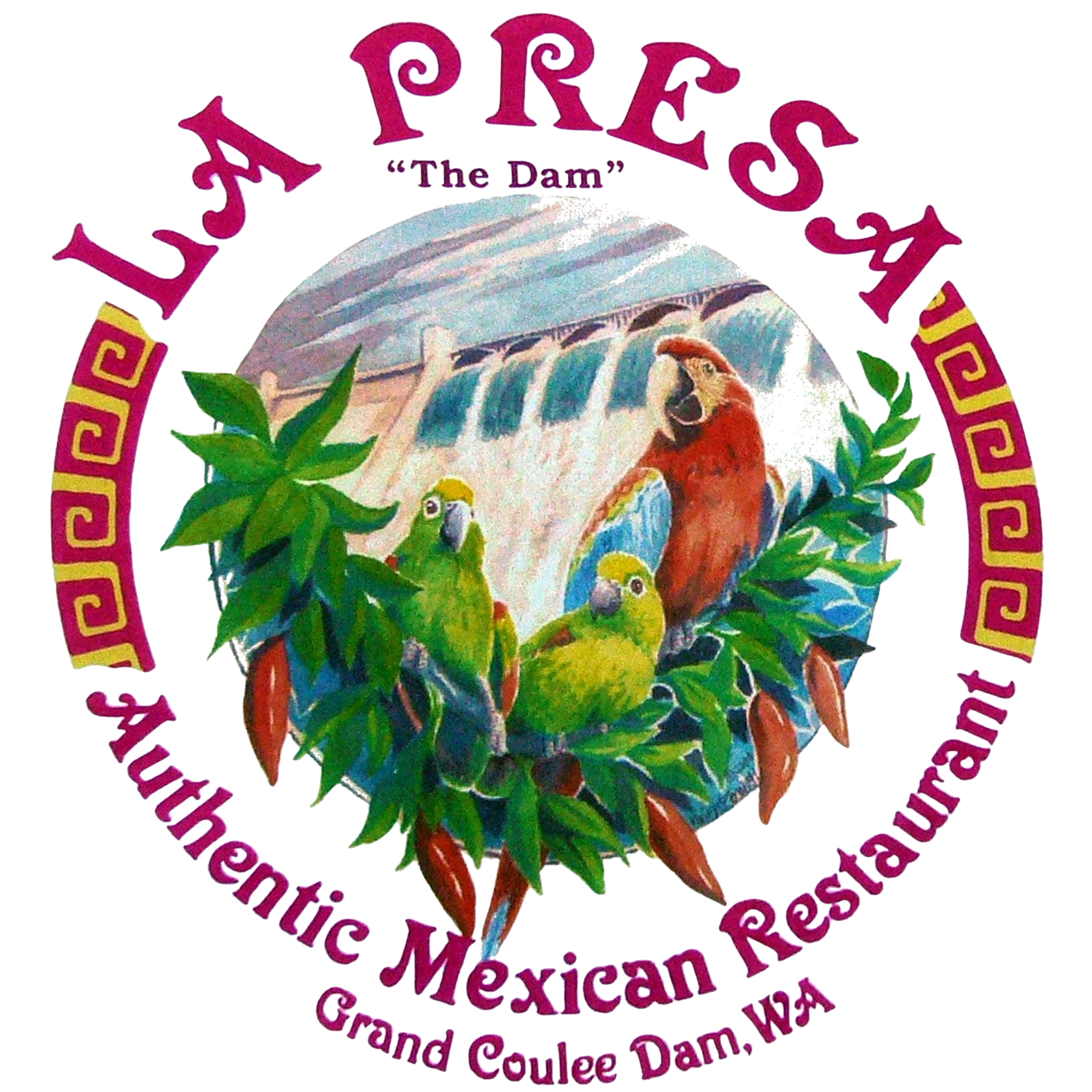 Colorful embroidered patch featuring a parrot bird, green leaves, and the name 'Pierre' at the top with lyrics about the dam, aquatic, and Mexican colors.