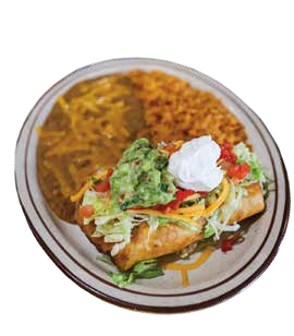 Plate of fried fish with shredded lettuce, guacamole, sour cream, and salsa, served with Mexican rice.