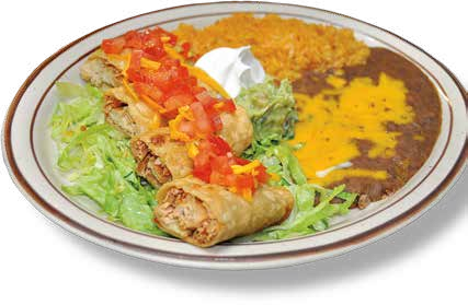Plate of Mexican food with lettuce, shredded cheese, a chicken burrito, refried beans with cheese, and Mexican rice.
