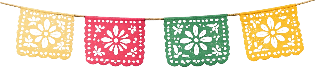 Colorful paper banners with floral cutout patterns hanging on a string