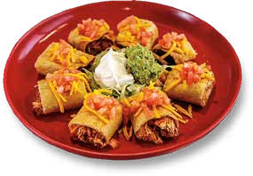 Plate of Mexican taquitos topped with salsa, sour cream, and guacamole.