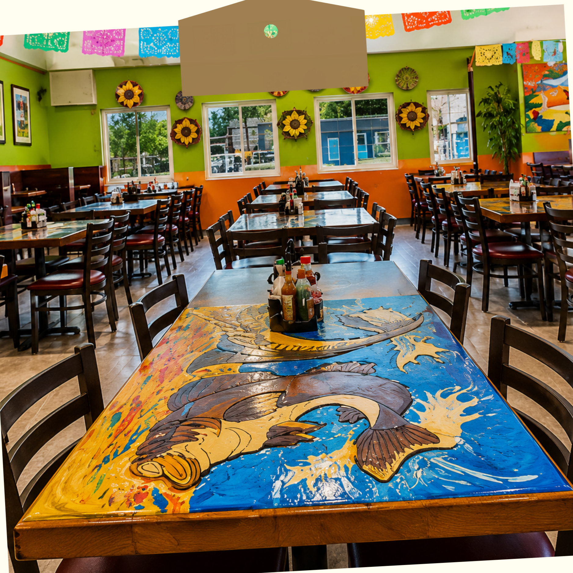 Colorful restaurant interior with green walls, sunflower wall decorations, tables set with condiments, and vibrant Mexican papel picado banners hanging from the ceiling.