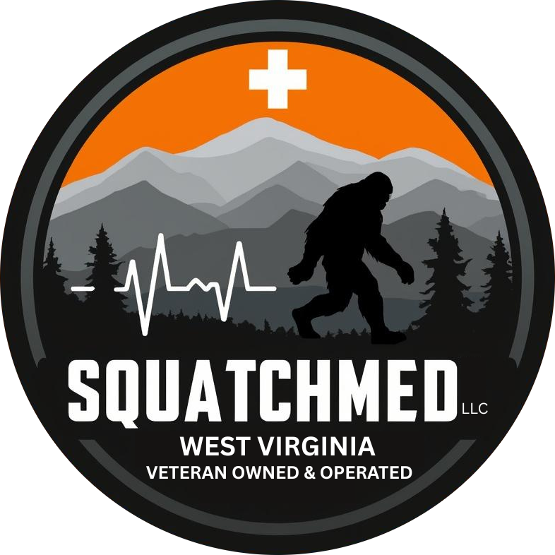 A circular logo with mountains, trees, and a Bigfoot silhouette, featuring a white cross, a heartbeat line, and the text 'SQUATCHMED LLC WEST VIRGINIA VETERAN OWNED & OPERATED.'