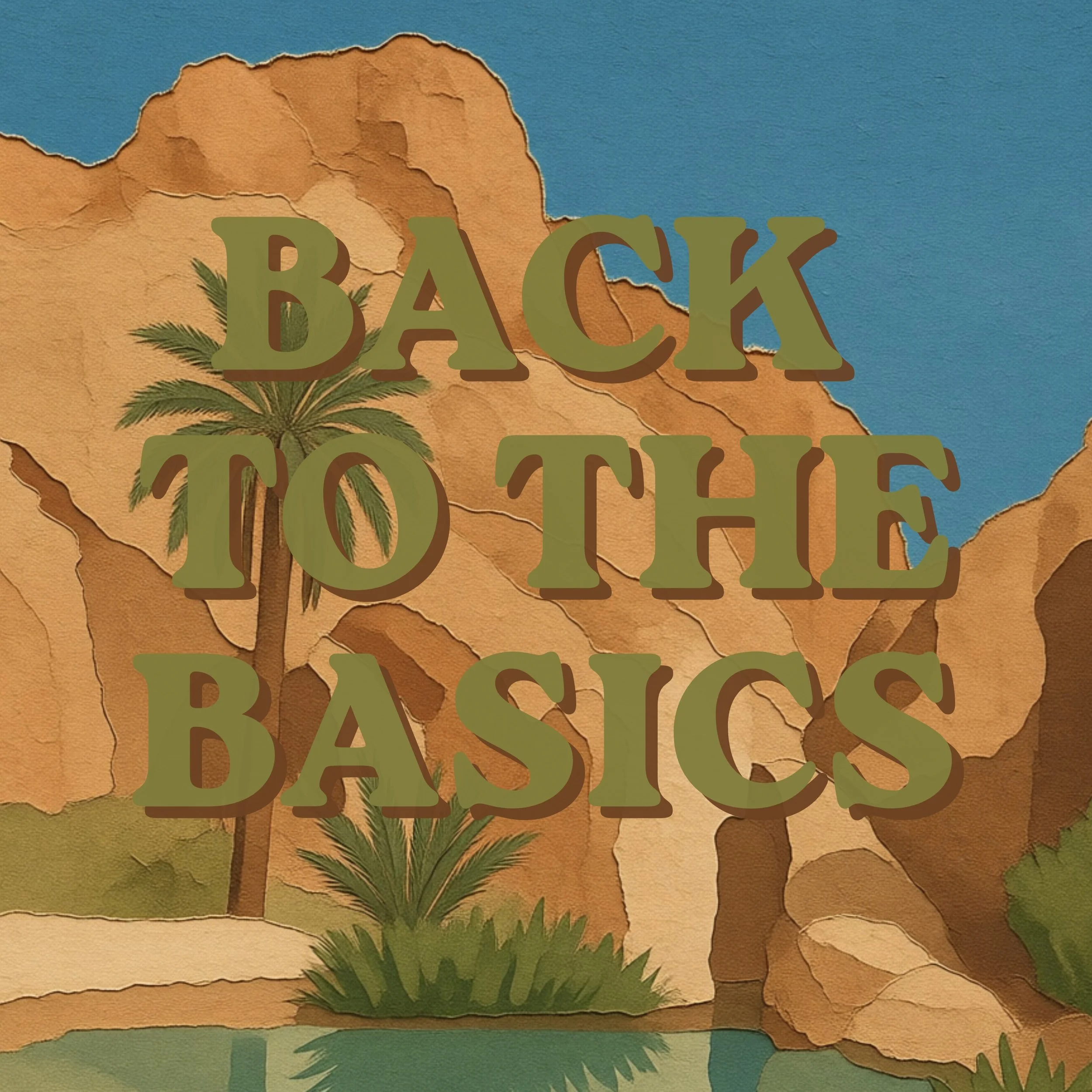 Colorful collage with torn paper textures forming a landscape of desert, palm tree, and ocean, with the word 'BACK' overlayed in large green letters. Chris Crenshaw