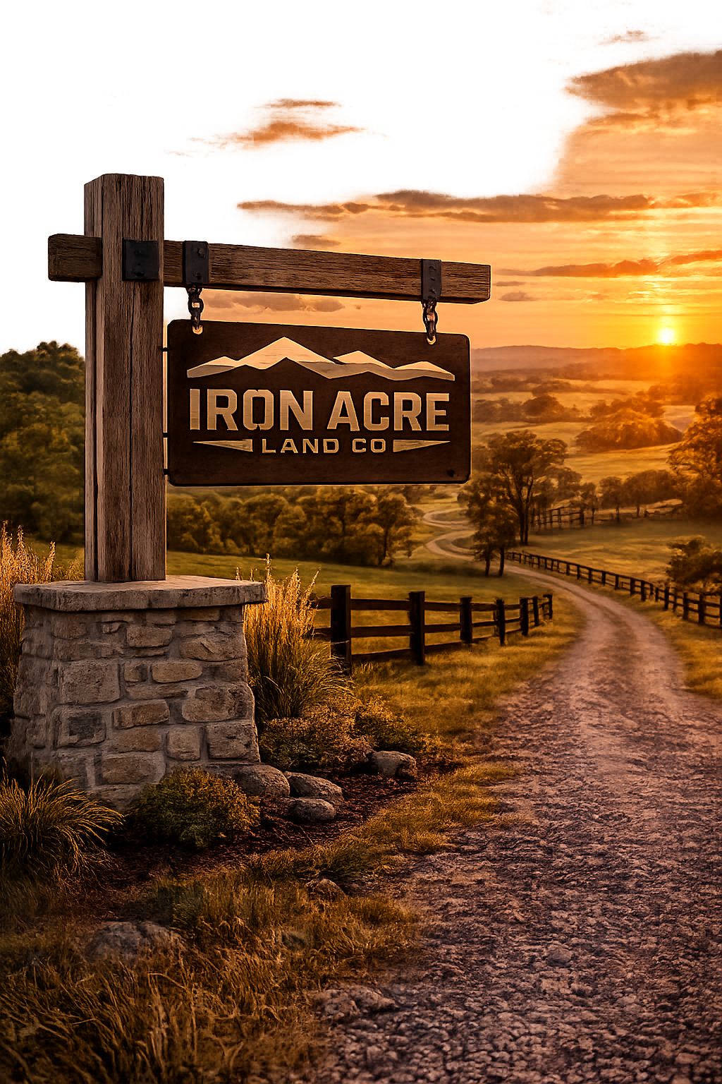 Sunset over a scenic rural landscape with a dirt road, trees, and a wooden fence, displaying a sign for Iron Acre Land Co.