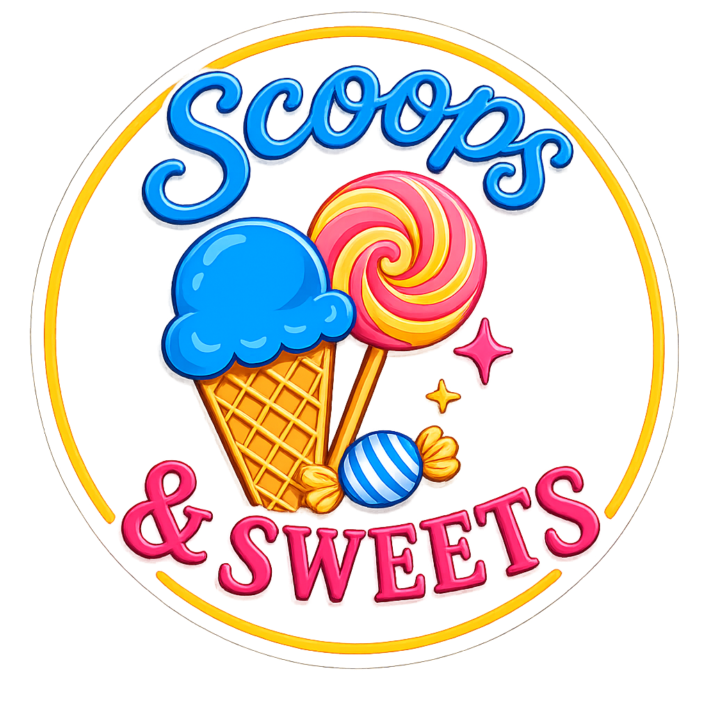 Neon sign with the text 'Scoop's & Sweets' featuring images of an ice cream cone, a swirled lollipop, and a candy.