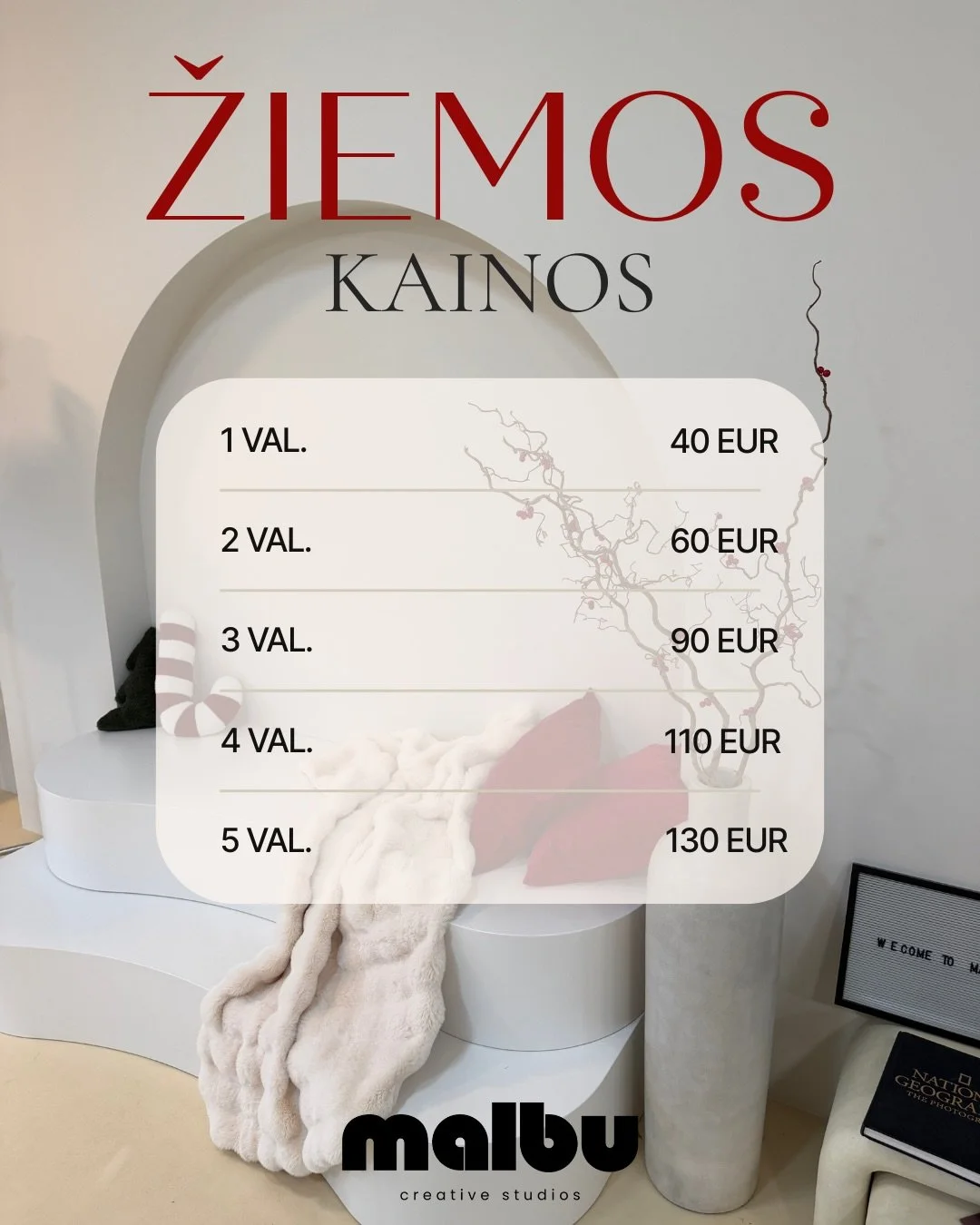 Rezervuokite studiją savo žiemos fotosesijoms, dirbtuvems ir renginiams jau dabar!🎅🏻🎄✨
*Renginiams vir&scaron; 15 žmonių taikoma sutartinė kaina,
priklausomai nuo renginio pobūdžio🙌🏼