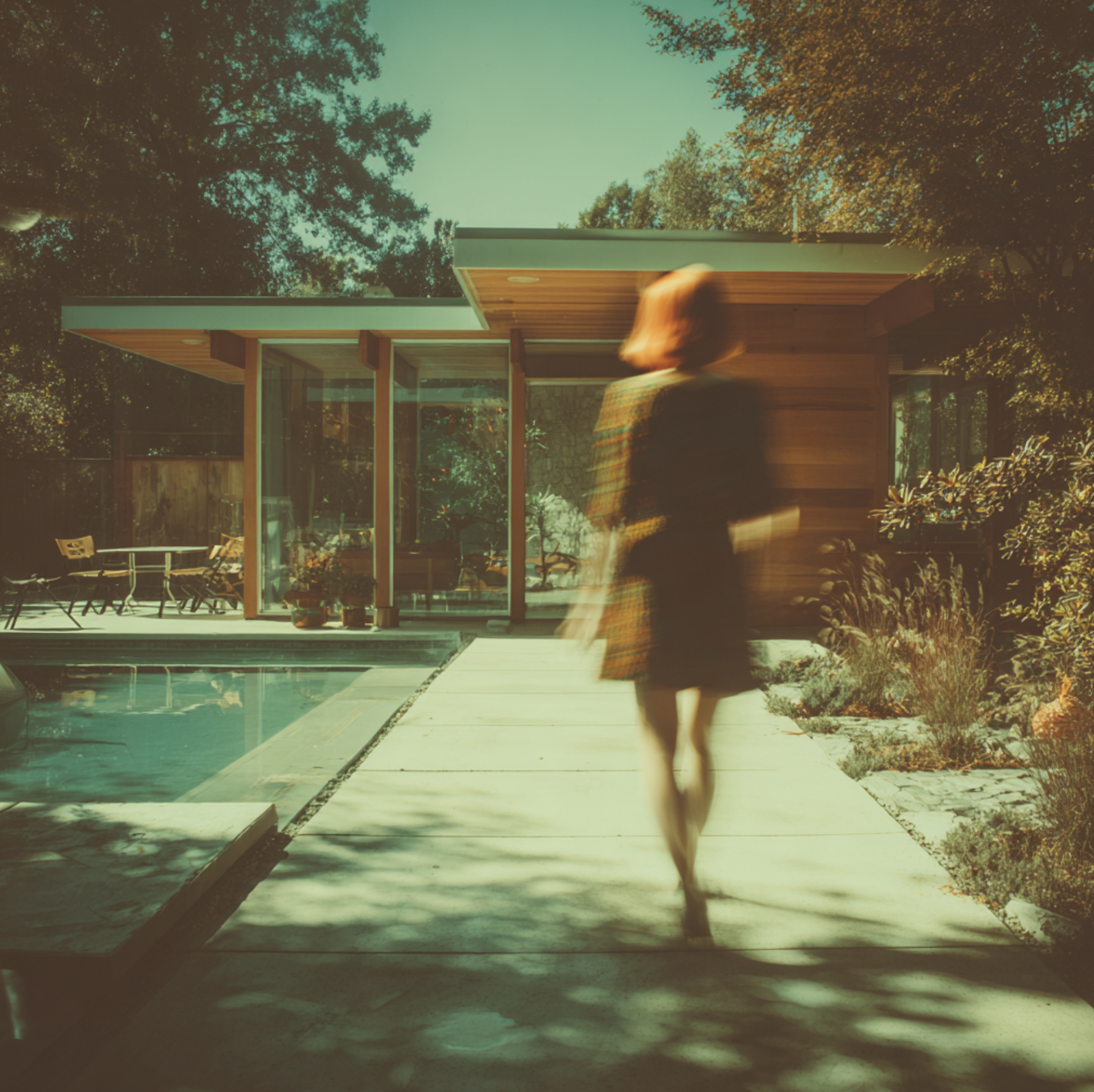 A woman walking along a sidewalk outside a modern house with large glass windows, surrounded by trees and plants, with her face blurred in motion.
