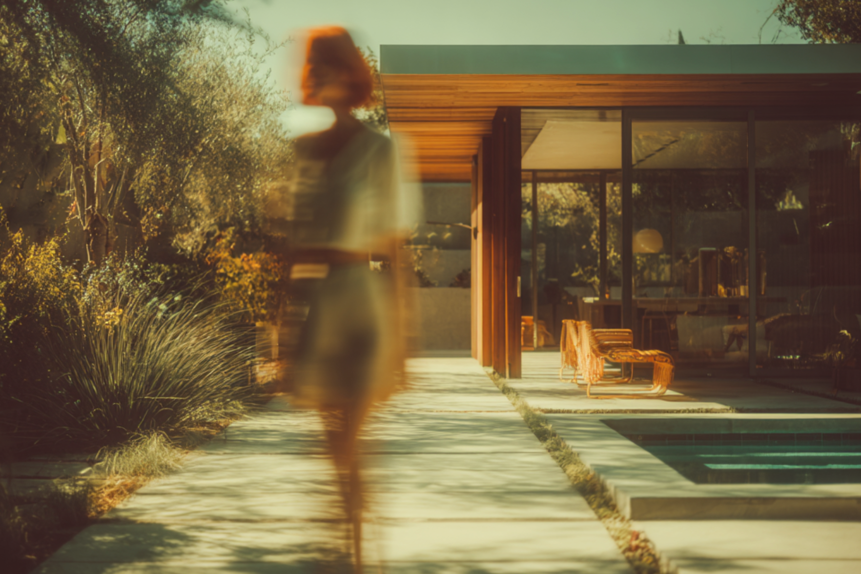 A person walking past a modern house with large glass windows, outdoor chairs, and a pool, in a sunny garden setting.