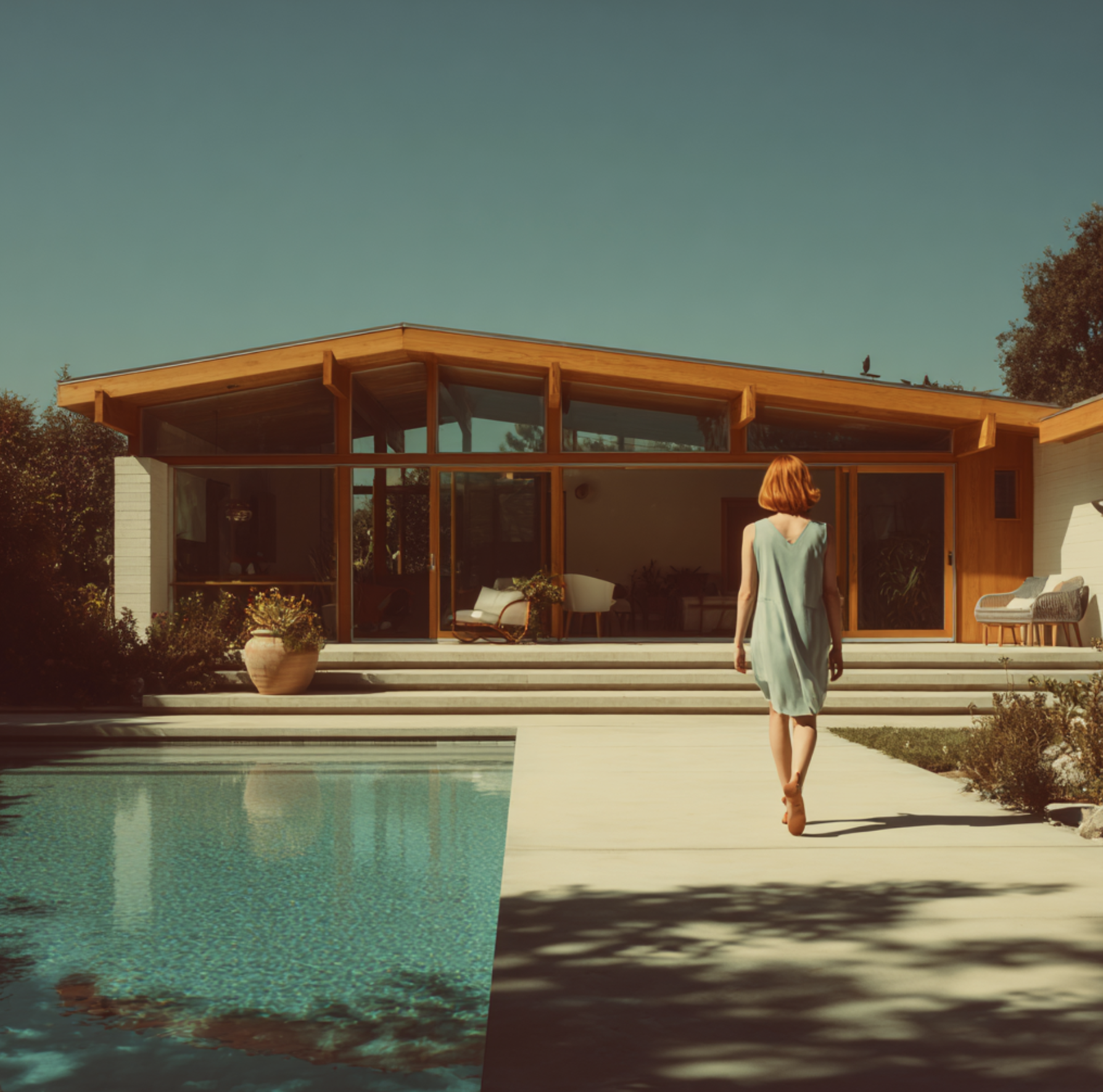 Woman in a teal dress walking on poolside pathway towards a modern house with large windows and a flat wooden roof. The house features outdoor furniture, and there is a swimming pool in the foreground.