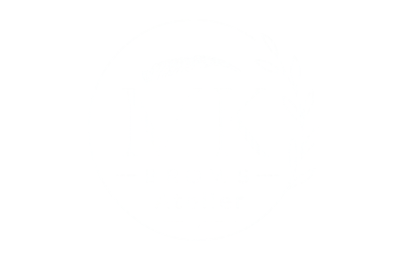 Logo for MK Brows Atelier featuring the initials 'MK' inside a circle with a leaf branch design on the right and the words 'BROWS Atelier' beneath.