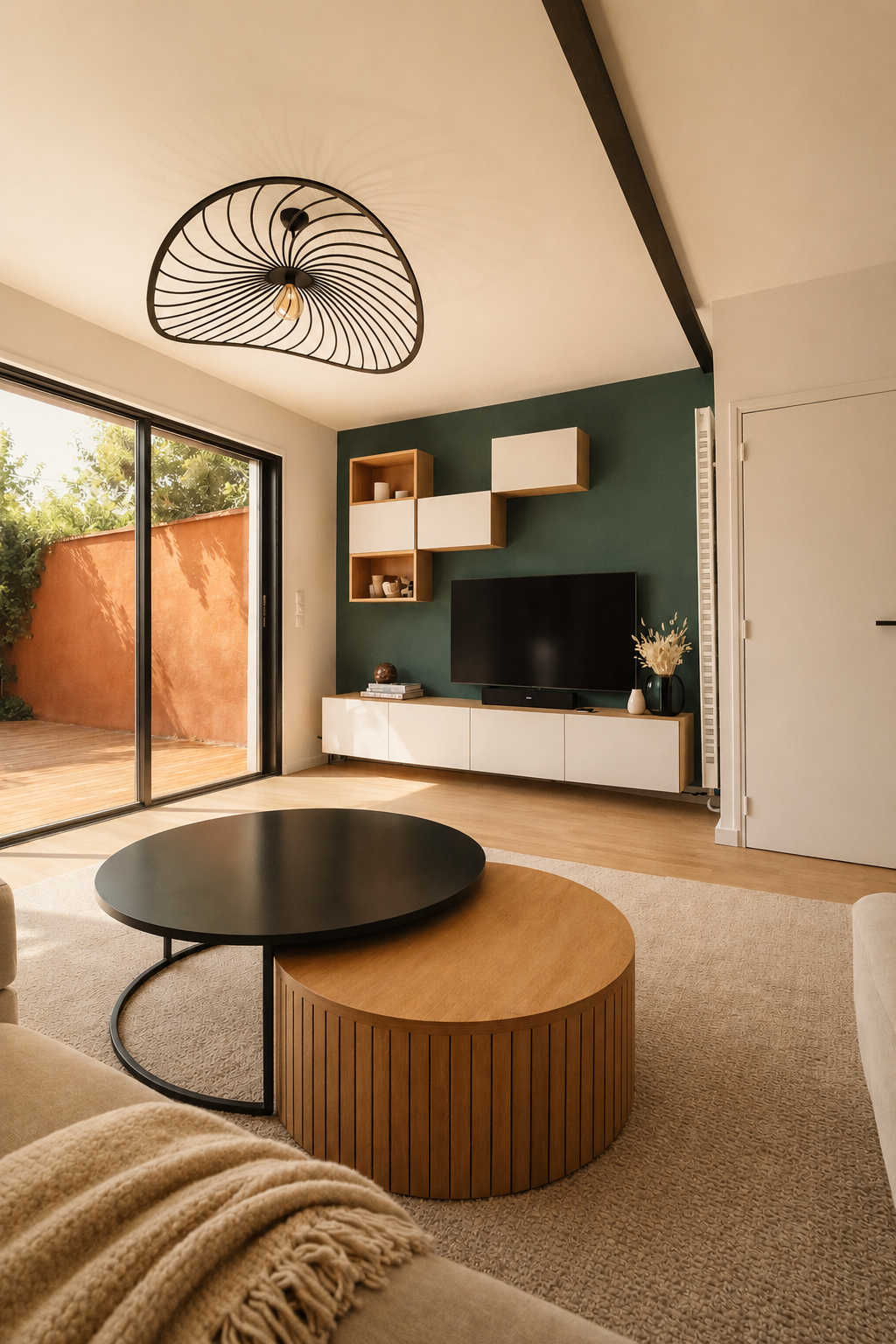 Salon moderne avec mur vert, télévision, étagères en bois et blanc, meubles en bois clair, table basse noire et ronde, grande fenêtre avec vue extérieure, éclairage suspendu au plafond.