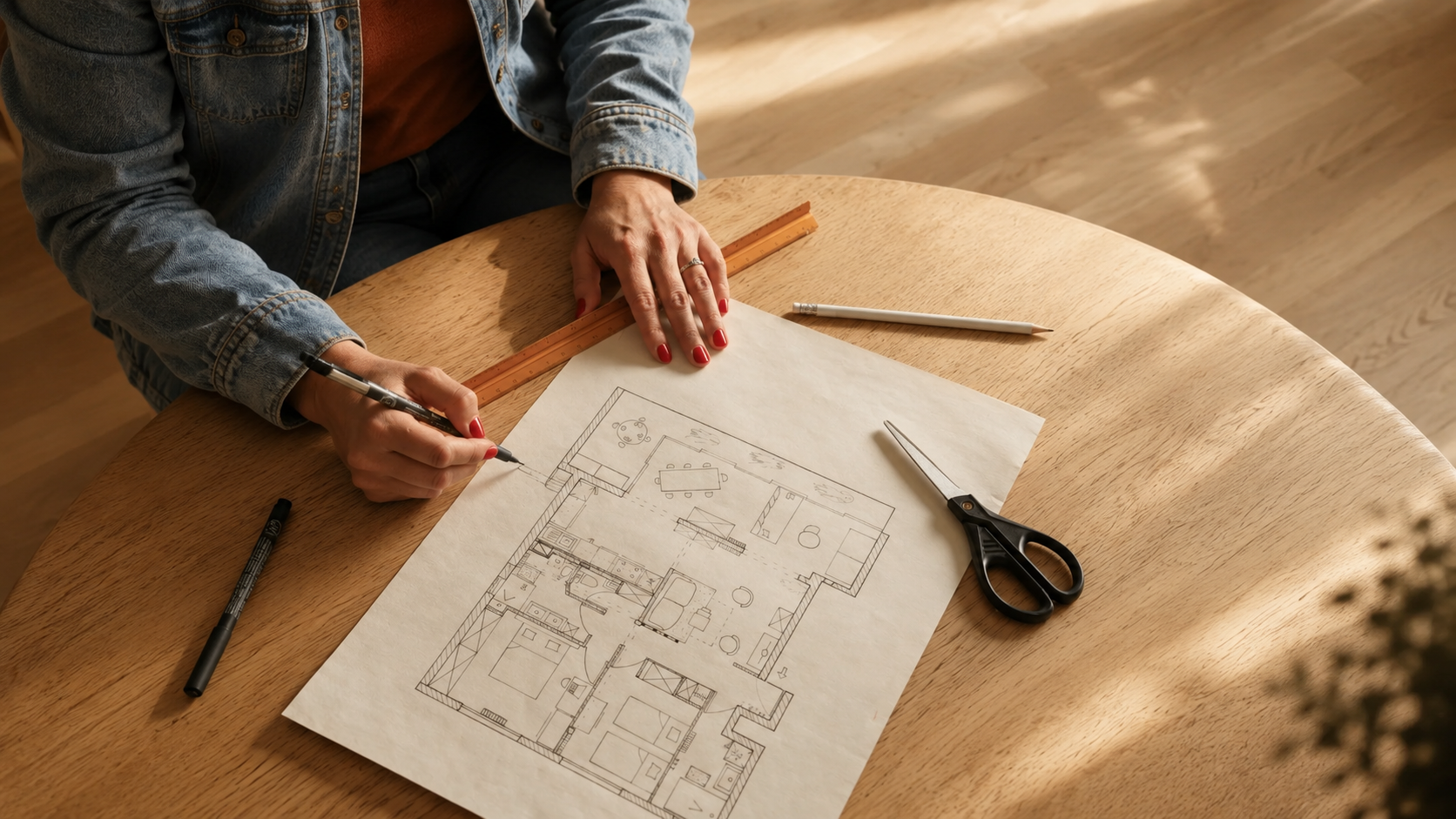 Une personne en jean bleu travaille sur un plan d'architecture à la table, utilisant un stylo, avec des ciseaux, un règle, un crayon et un pinceau placés autour d'elle.