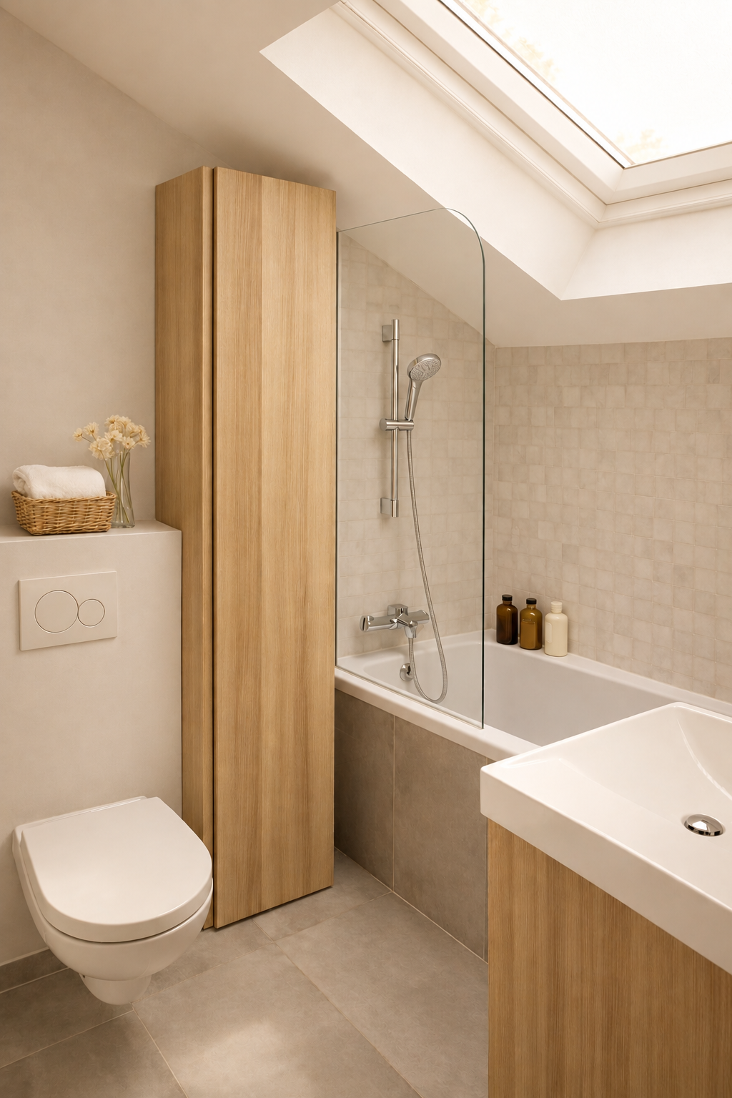 Salle de bain avec baignoire, douche avec paroi en verre, toilette suspendue, meubles en bois clair, porte-serviettes, et un plafond avec une fenêtre de toit.