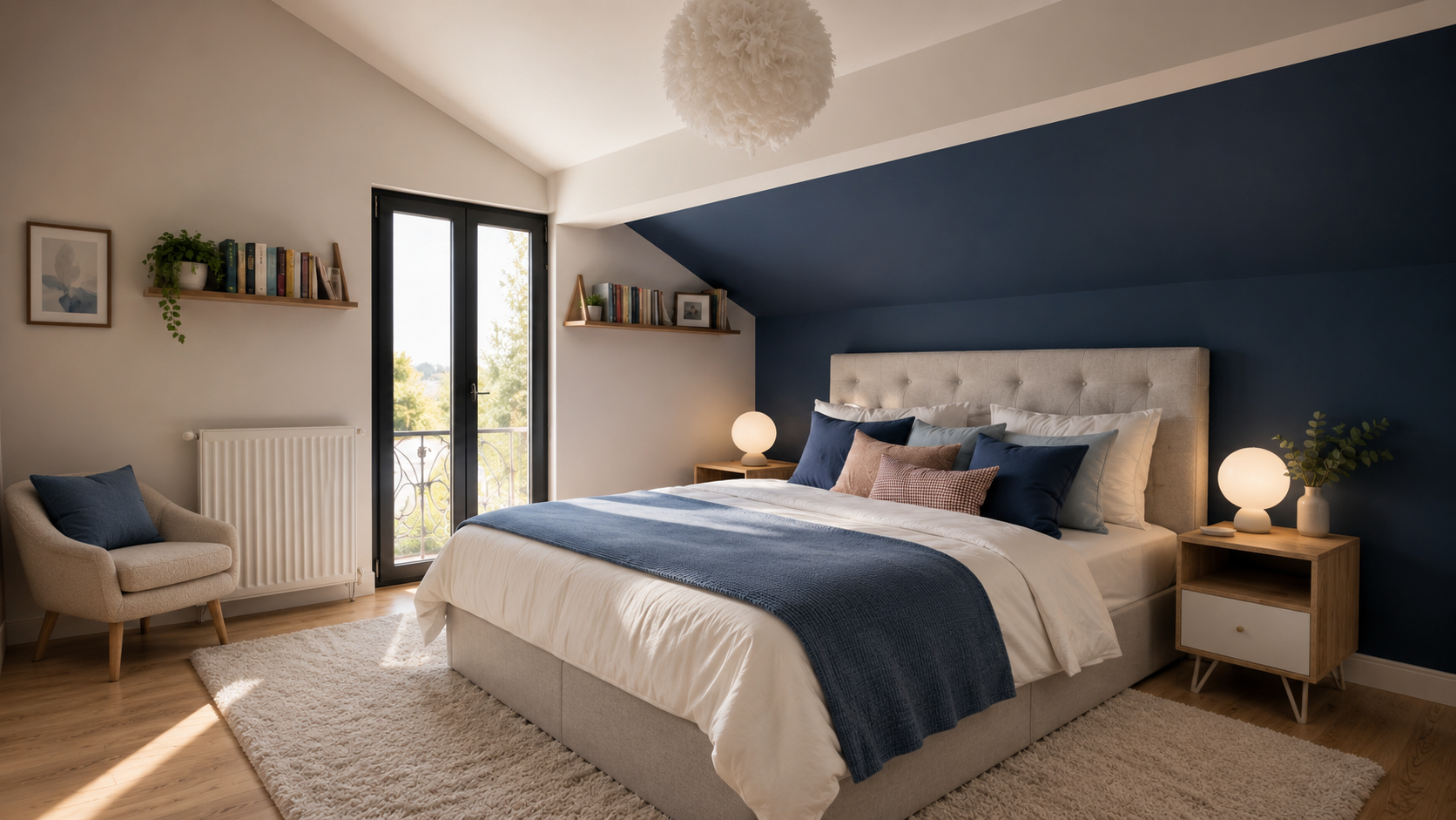 Chambre moderne avec lit double, chevillé d'un tapis blanc, avec une tête de lit en tissu gris. Deux tables de chevet avec lampes rondes et plantes, deux étagères avec livres et décorations, une porte-fenêtre donnant sur un balcon. Surface conviviale et lumineuse.