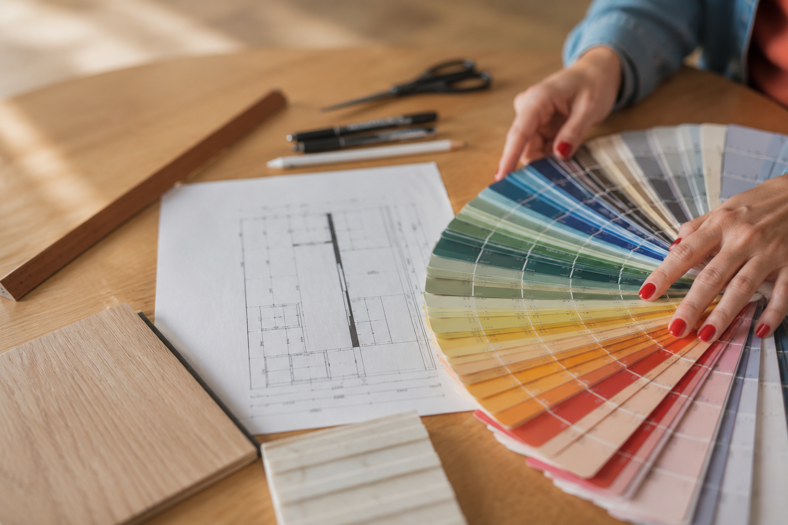 Main avec ongles rouges tenant une palette de couleurs pour décoration intérieure, avec des échantillons de bois et des outils de dessin sur une table en bois.
