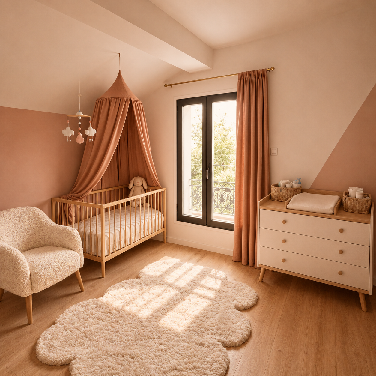 Chambre d'enfant avec berceau en bois, tente de lit rose avec rideaux, tapis peluche blanc, meuble à tiroirs avec paniers de rangement, porte-fenêtre laissant entrer la lumière naturelle.