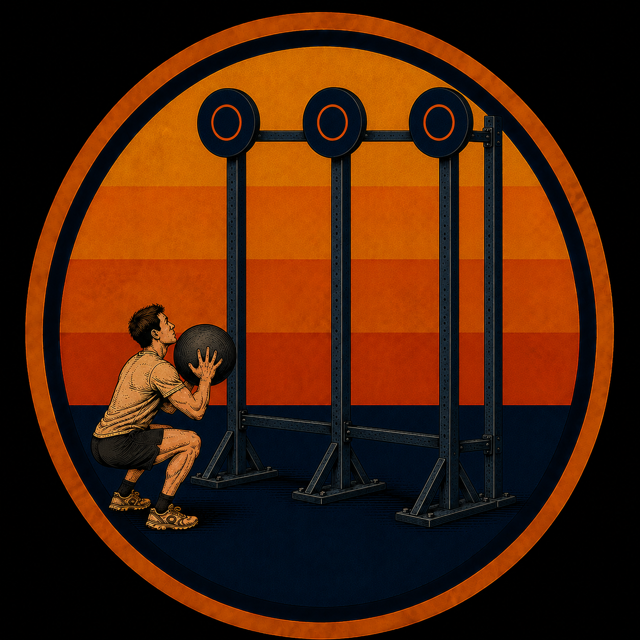 WALL BALL SHOTS: A full-body conditioning challenge—squat with the wall ball to 90 degrees then drive upward and launch it to the 9 to 10-foot target.

