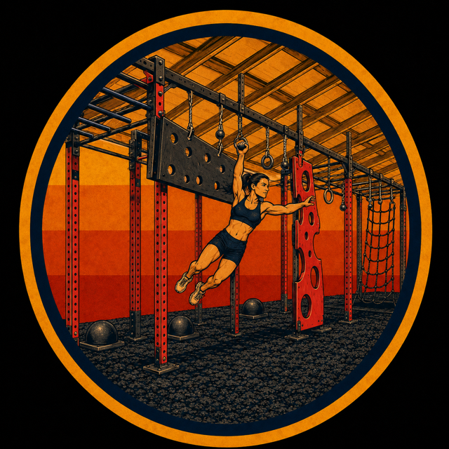 BARN GAUNTLET: The Barn Gauntlet is a 40-foot, direction-changing, grip-intensive rig that tests strength, coordination, and problem-solving from start to finish.