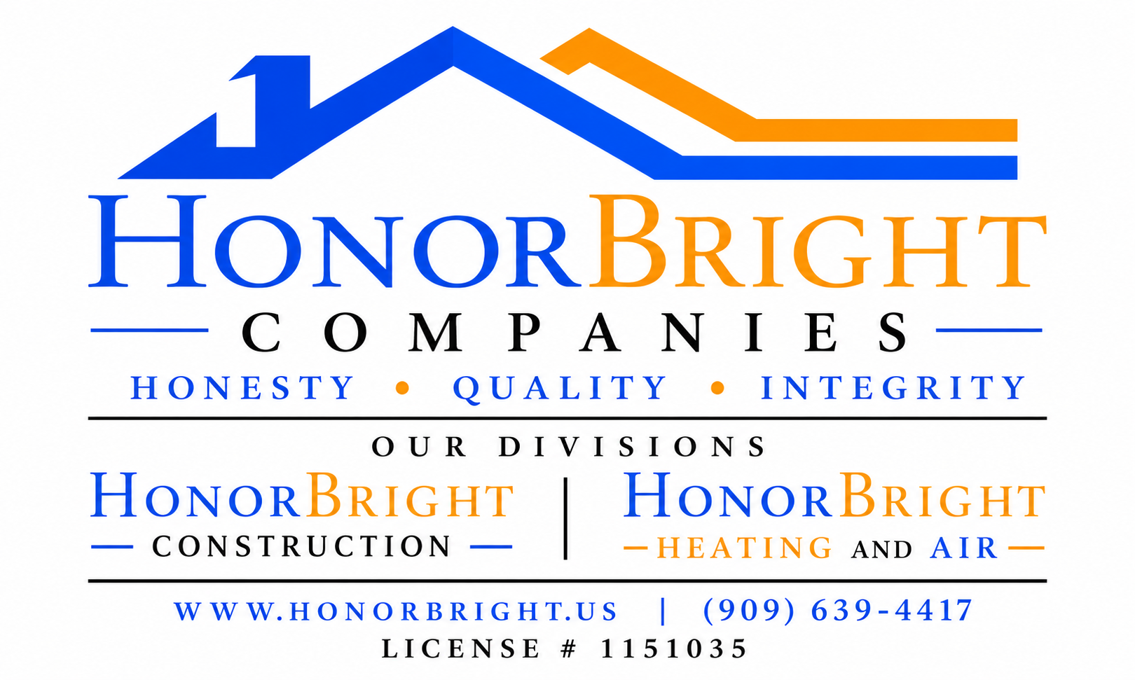 Business card for HonorBright Companies with a blue and orange house roof graphic, emphasizing honesty, quality, and integrity. Contains contact information and division details.