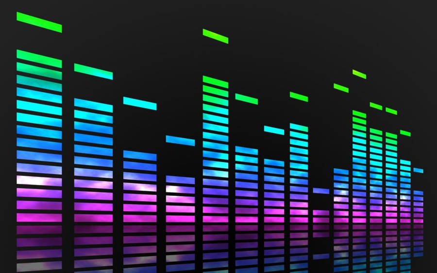 Digital colorful audio equalizer display with green, purple, blue, and cyan bars on black background.