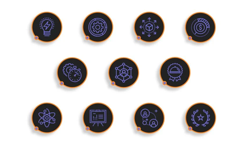 A collection of eleven digital icons with purple line art on a black background, each surrounded by an orange circle, representing ideas like innovation, settings, growth, finance, speed, networking, data analysis, teamwork, and achievement.