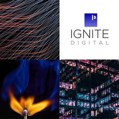 A collage of four images: abstract colorful lines, Ignite Digital logo, a match being struck lighting a flame, and a modern glass building at night.