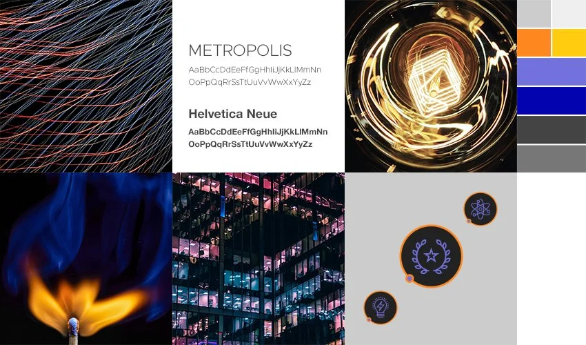 Collage of modern abstract designs, including colorful light trails, a glowing Ethereum symbol in a circular shape, a lit match with blue flames, illuminated building windows at night, and icons representing science and innovation on a gray background.